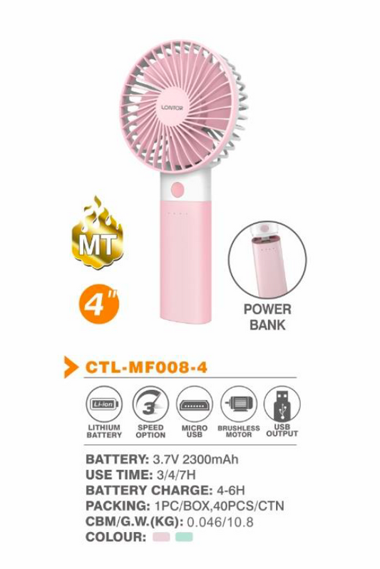 4" Rechargeable Power Bank Handheld Fan - Lontor